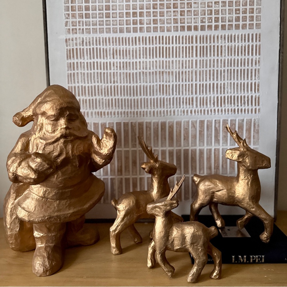 Vintage Gold Holiday Santa and Reindeer - Set of 4